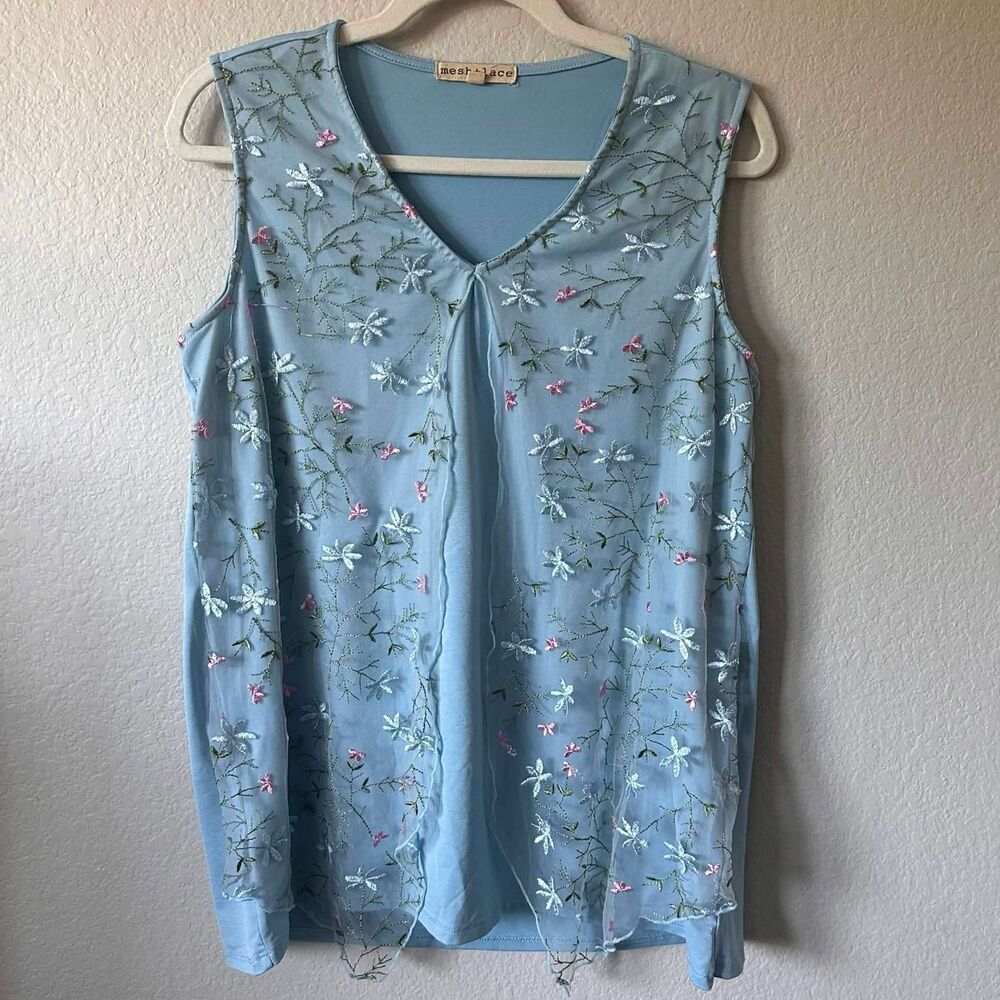 Mesh+Lace Blue Floral Embroidered Mesh Overlay Tank Top-Size M-Fairycore Cottage
